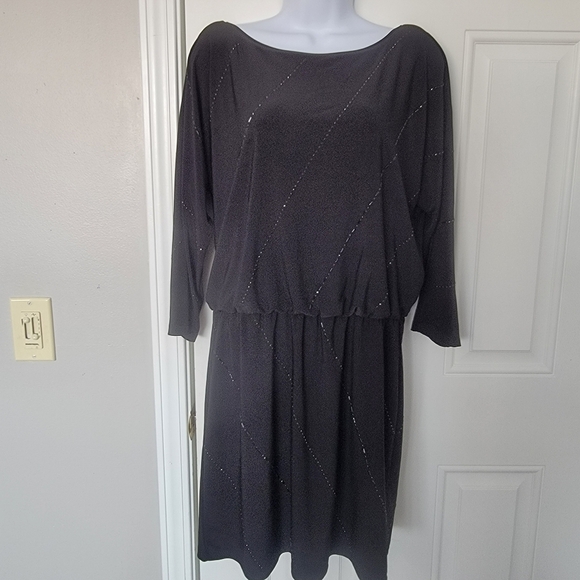 WHBM Blouson Top 3/4 Sleeves Black Diagonal Sparkles Short Party Cocktail M - Picture 1 of 10